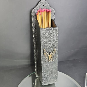 70s Cast Iron Matchstick Holder 13.5" W/Gold Eagle Decor, VINTAGE: NO MATCHES